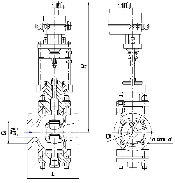 Клапан регулирующий (КР) 25нж947нж односедельный фланцевый с электрическим исполнительным механизмом (ЭИМ) PN1,6МПа, PN2,5МПа, PN4,0МПа