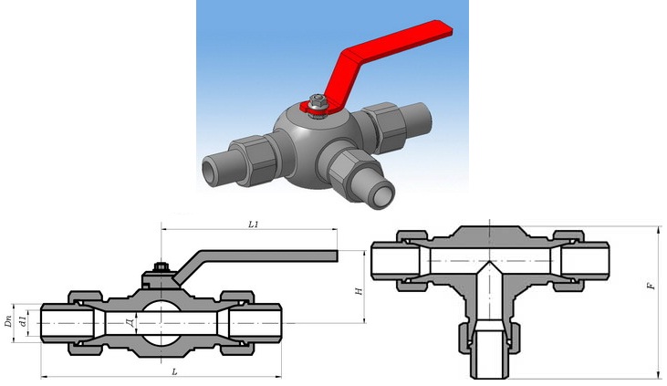 Кран шаровой трехходовой штуцерный Т-образный