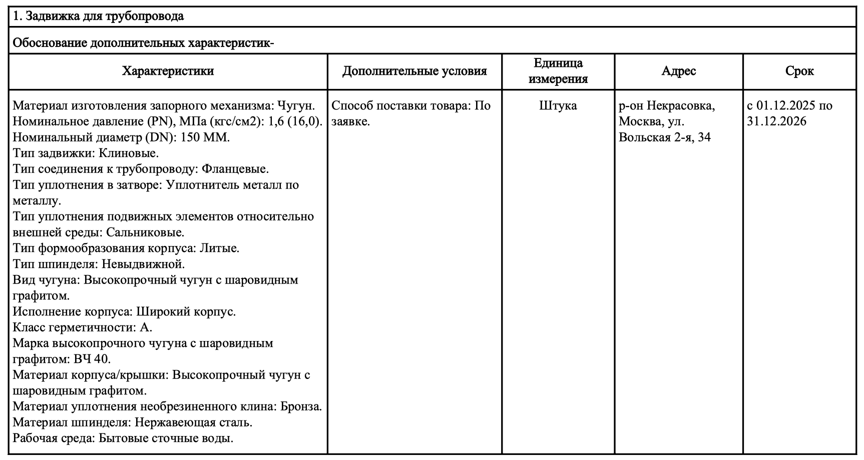 АО «Мосводоканал» опубликовало тендер на поставку клиновых задвижек