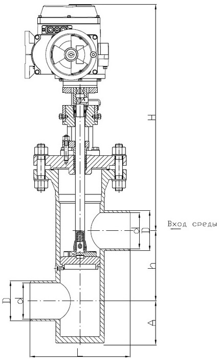 Клапан регулирующий серии РК 103 (корпус Z-образного типа) с электроприводом МЭОФ-250/25
